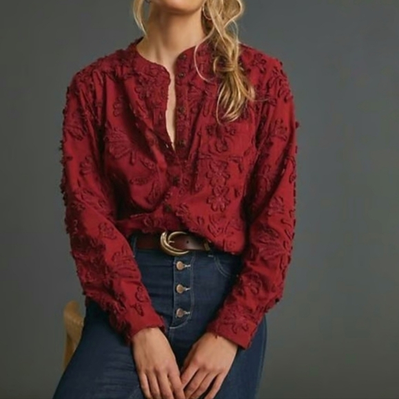 Anthropologie Pilcro Red Whitney Textured Trapeze Button Front Shirt SZ Large - Picture 1 of 7